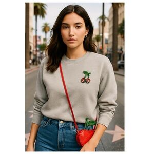 H&M Rhinestone Bead Cherry Appliqué Crew Neck Sweatshirt Lt Gray Melange Sz S